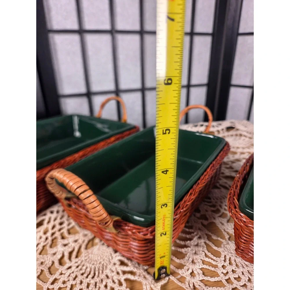 Vintage Green Ceramic Baking Dish Set with Wicker Baskets 3 Pieces Rectangular